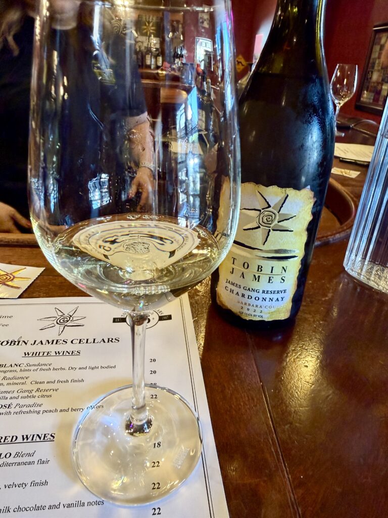 a bottle of Tobin James white wine on the mahogany tasting bar in paso robles